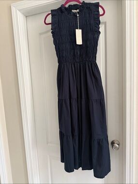 BELLAMI Navy Smocked Dress with Ruffle Detail & Pockets